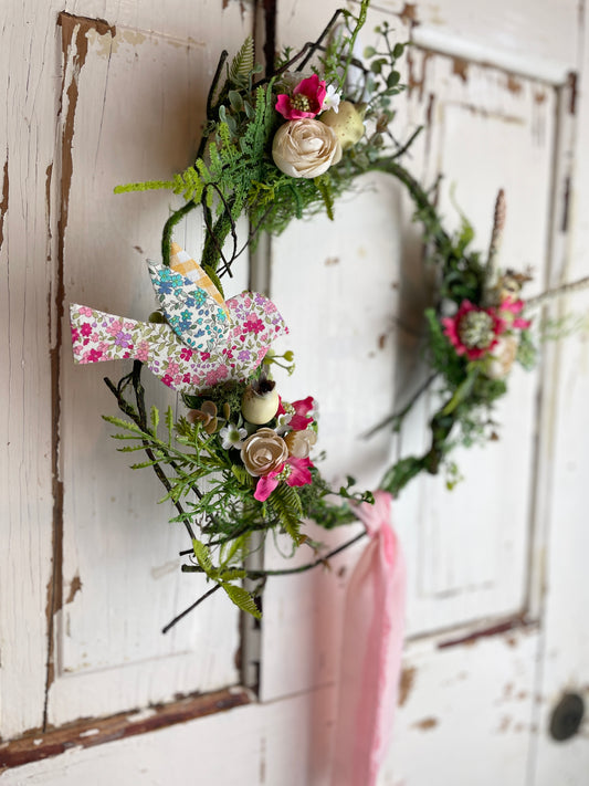 Cottage style home decor wreath with floral birds and natural silk ribbons and floral 