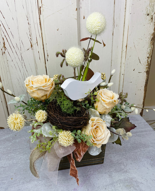 Cottage decor style preserved roses and rids nest floral arrangemnet in a wooden box with velvet ribbons 