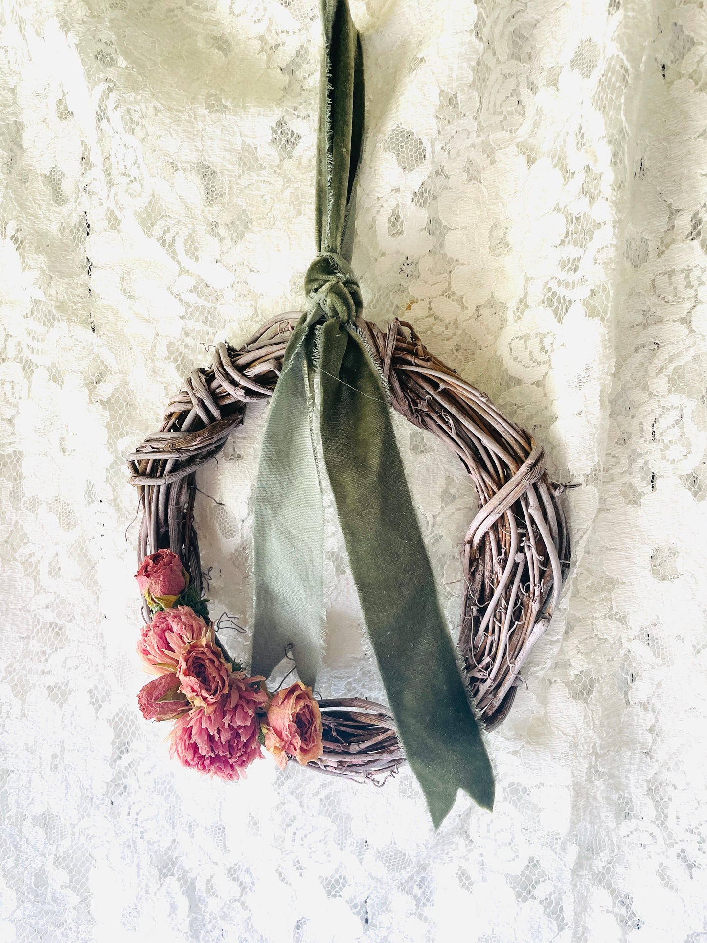 Dried Flower Wreath with Velvet Ribbon – Mini Grapevine Wreath with Vintage Roses