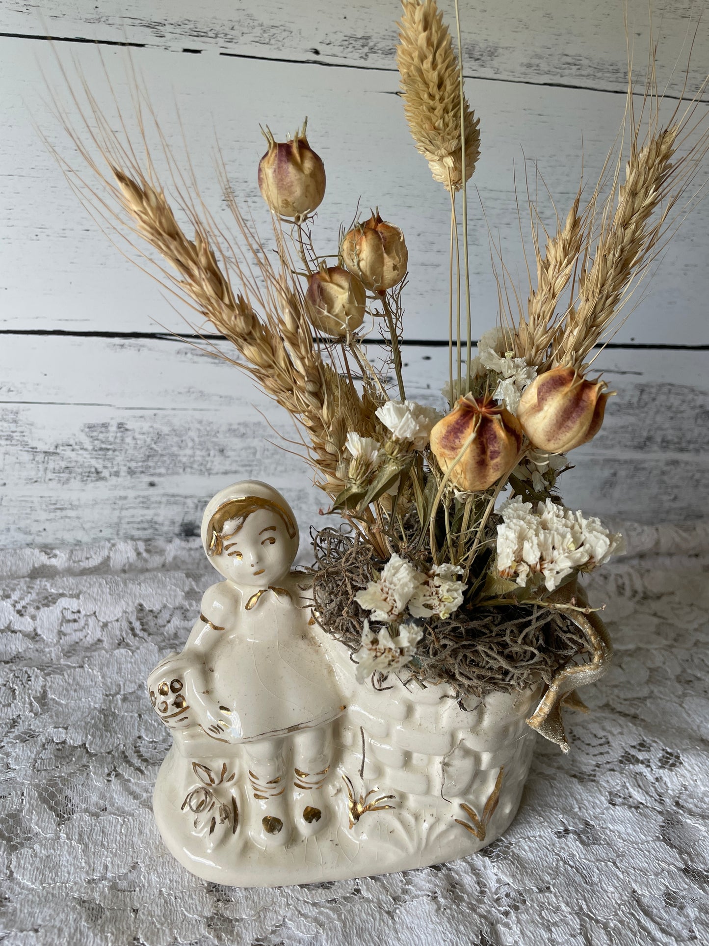 Vintage Girl Planter with Dried Floral Arrangement – Cottagecore & Rustic Home Decor