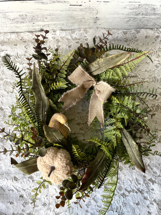 Neutral Fall Wreath with Faux Ferns, Pumpkins & Burlap Bow – Rustic Autumn Door Decor