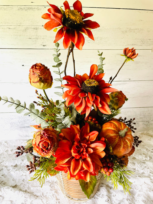 Fall Floral Arrangement with Sunflowers, Pumpkins & Roses – Faux Autumn Centerpiece