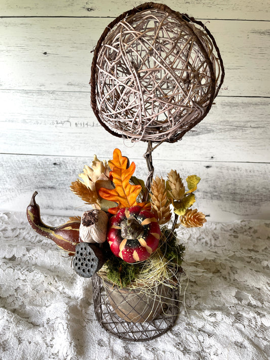 Rustic Fall Topiary with Pumpkins and Natural Elements – Autumn Table or Shelf Decor