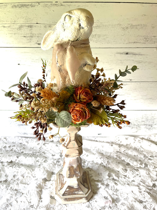 Vintage-Inspired Bunny on Pedestal with Florals – Autumn Cottagecore Decor