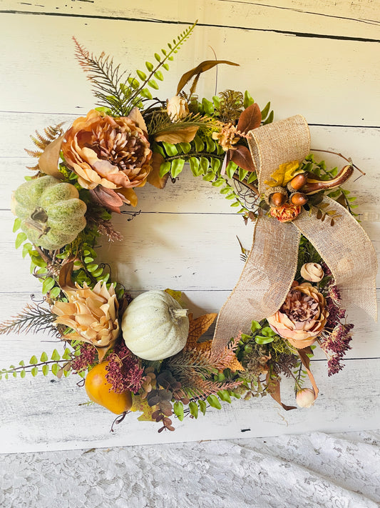 Rustic Fall Wreath with Pumpkins, Peonies & Burlap Bow – Autumn Door Decor for Farmhouse or Cottage Style
