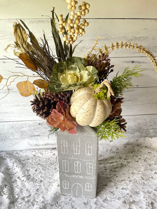 Fall Farmhouse Floral Arrangement with Pumpkin in House Pottery Vase – Rustic Autumn Table Decor