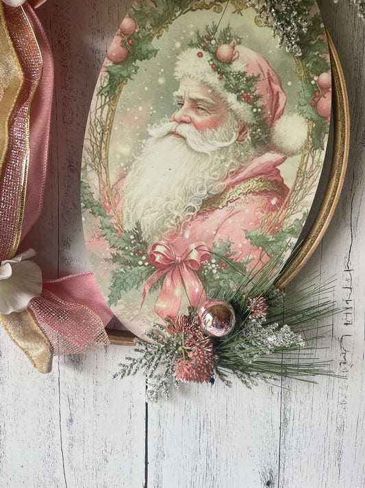 Victorian Pink Santa Hoop Wreath – Indoor Holiday Décor