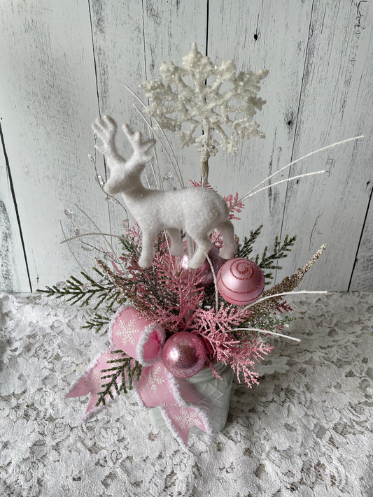 Holiday Deer Arrangement – Pink & White Winter Wonderland
