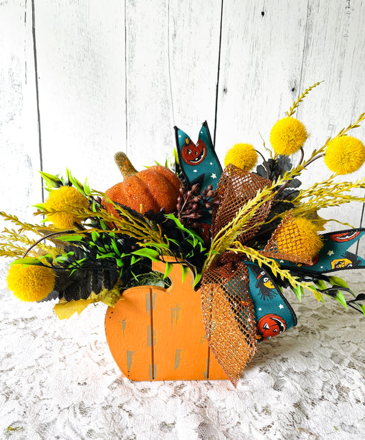 Whimsical Pumpkin Fall Floral Arrangement with Vintage-Inspired Halloween Ribbon