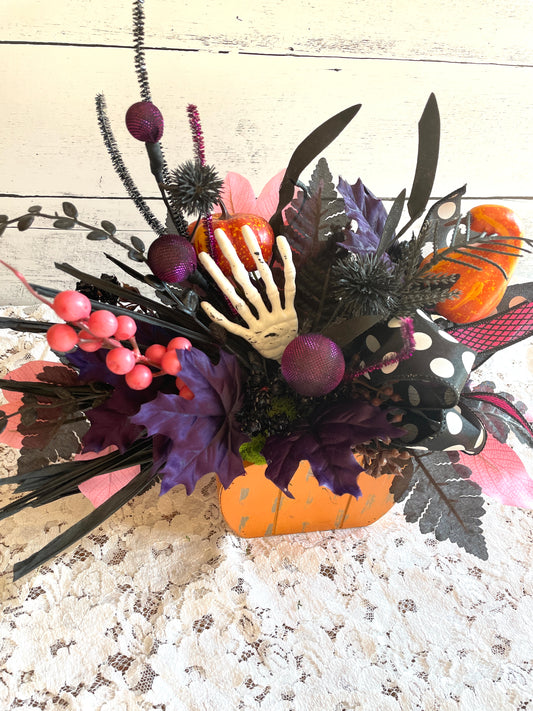 Whimsical Halloween Floral Arrangement with Skeleton Hand – Spooky & Playful Decor