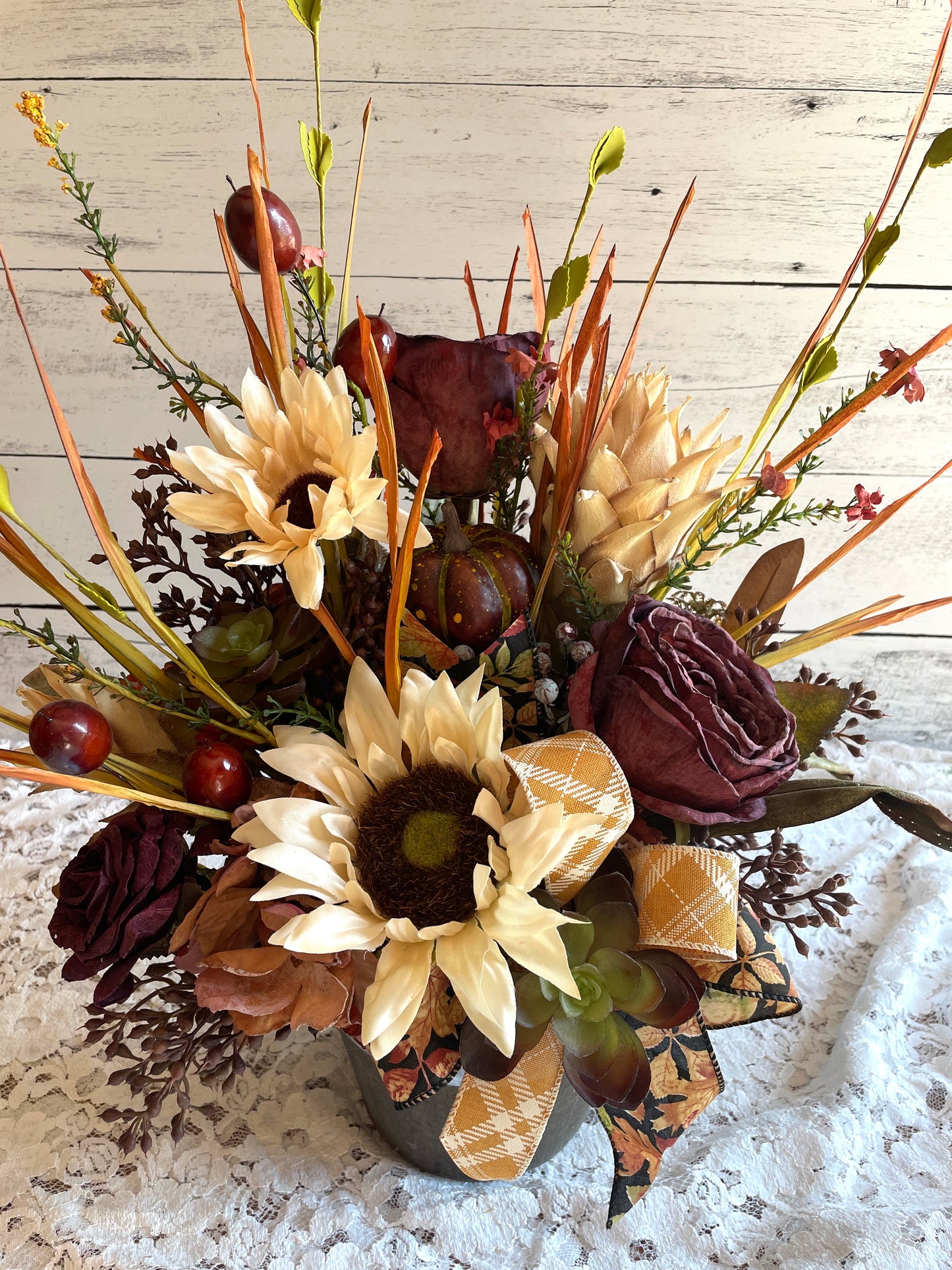 Autumn Harvest Floral Arrangement – Sunflower & Burgundy Rose Centerpiece