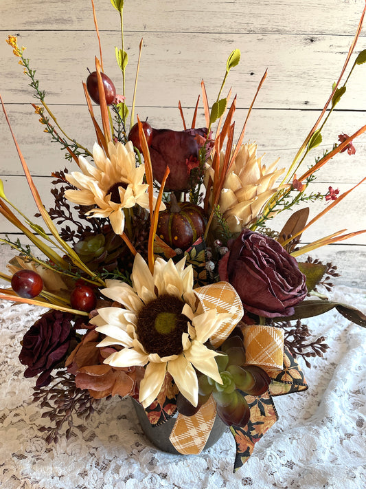 Autumn Harvest Floral Arrangement – Sunflower & Burgundy Rose Centerpiece