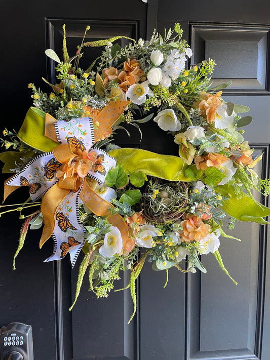 Fall Butterfly Cottage Wreath – Lush Textured Florals with Monarch Ribbon