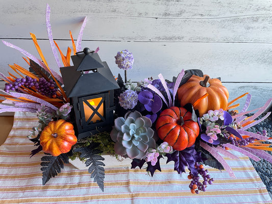 Large Fall Lantern Centerpiece – Pumpkins, Succulents & Sparkling Accents