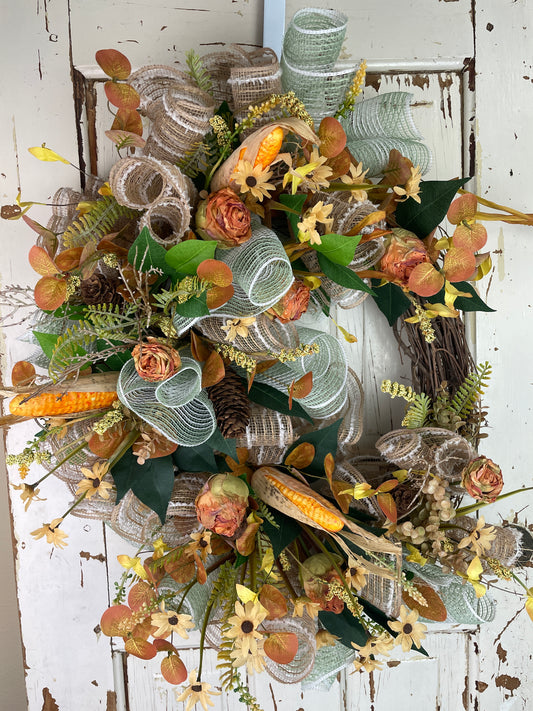 Fall Harvest Corn Wreath – Grapevine Base with Golden Florals & Seasonal Texture