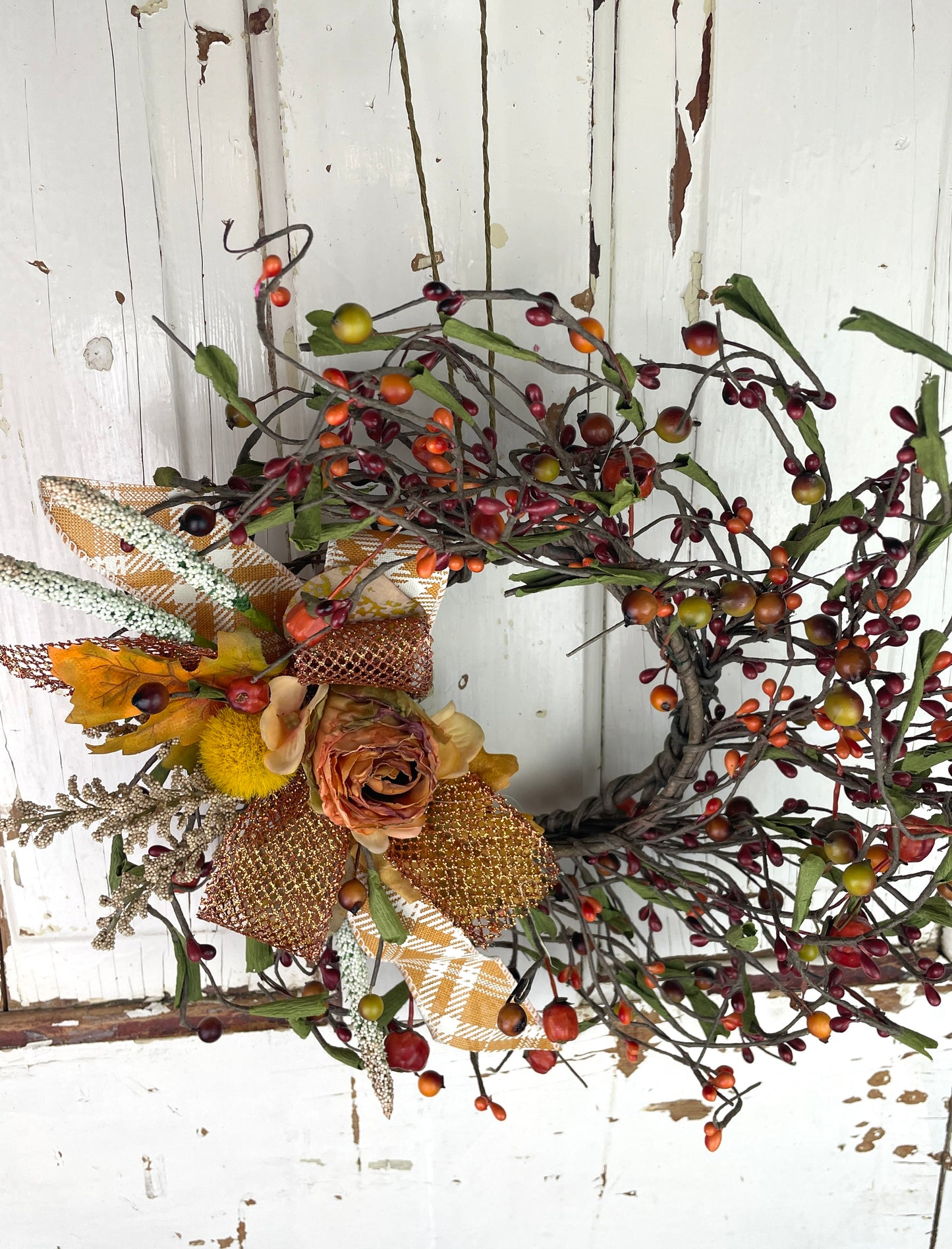 Small Fall Berry Wreath – Orange Roses with Plaid & Glitter Ribbon Accents