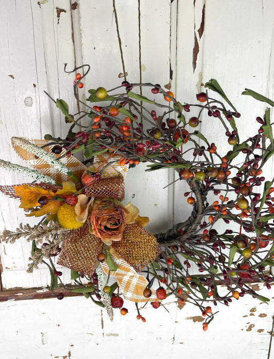 Small Fall Berry Wreath – Orange Roses with Plaid & Glitter Ribbon Accents