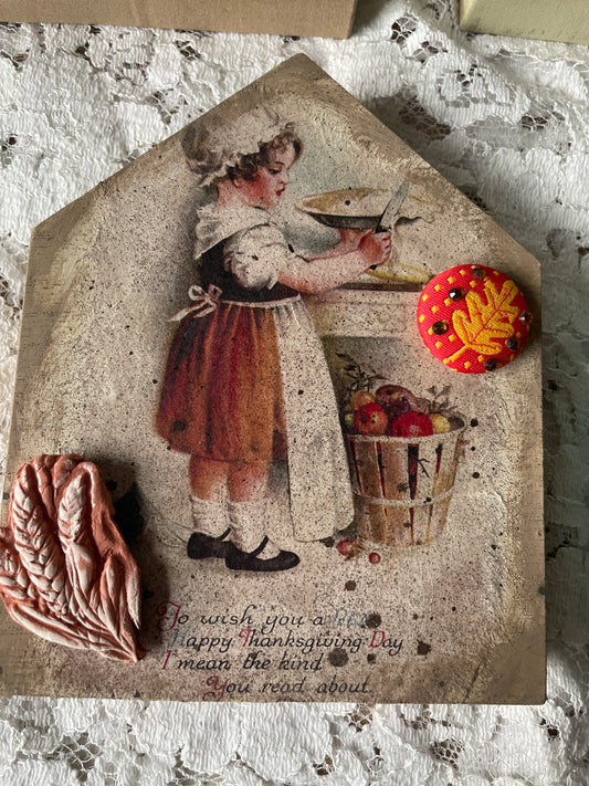 Thanksgiving Mixed Media Wall Art | Vintage-Inspired Pilgrim Girl Holiday Decor