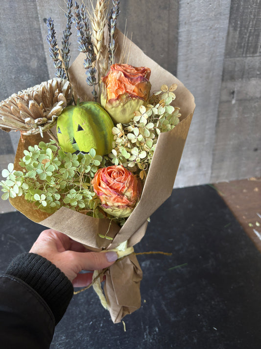 Dried Fall Floral Bouquet with Lavender & Pumpkin Accent | Rustic Autumn Home Decor & Gift