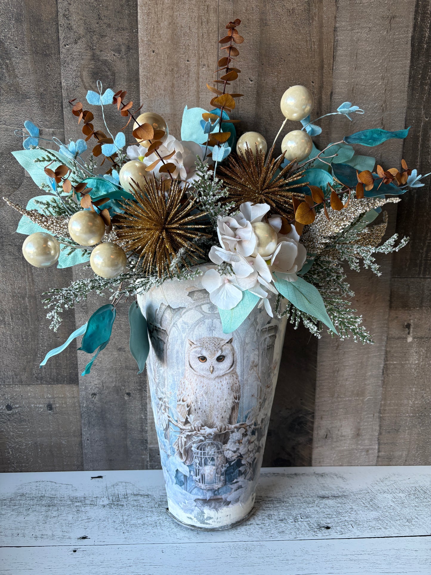 Winter’s Magic Floral Arrangement in Owl Vase | Brushed Gold & Blue Holiday Decor