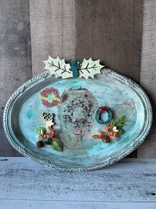 Vintage-Inspired Holiday Deer & Holly Tray | Upcycled Christmas Décor
