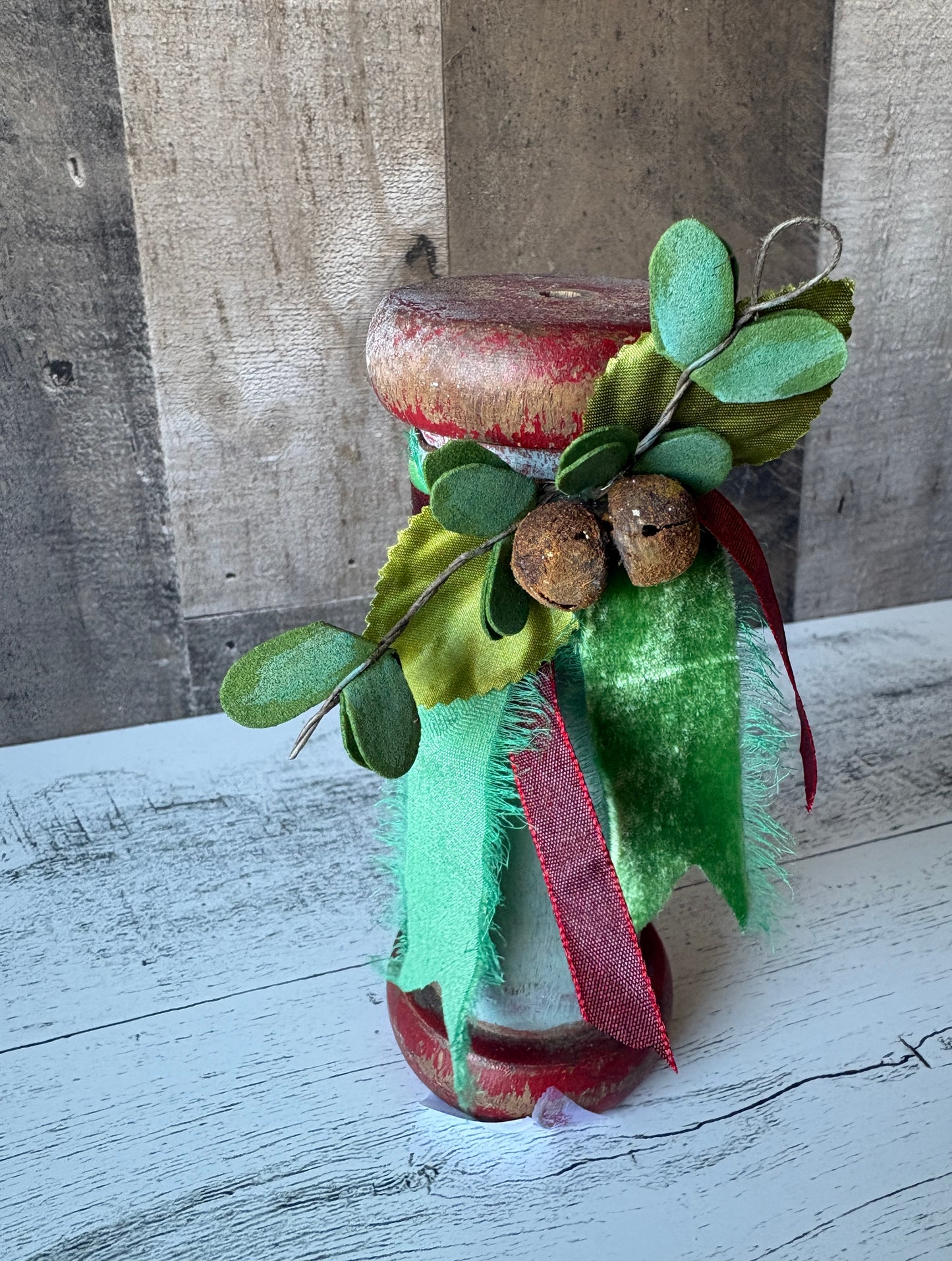 Primitive Christmas Spool Decor with Velvet Ribbon & Rustic Bells