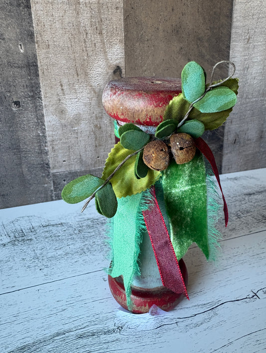 Primitive Christmas Spool Decor with Velvet Ribbon & Rustic Bells