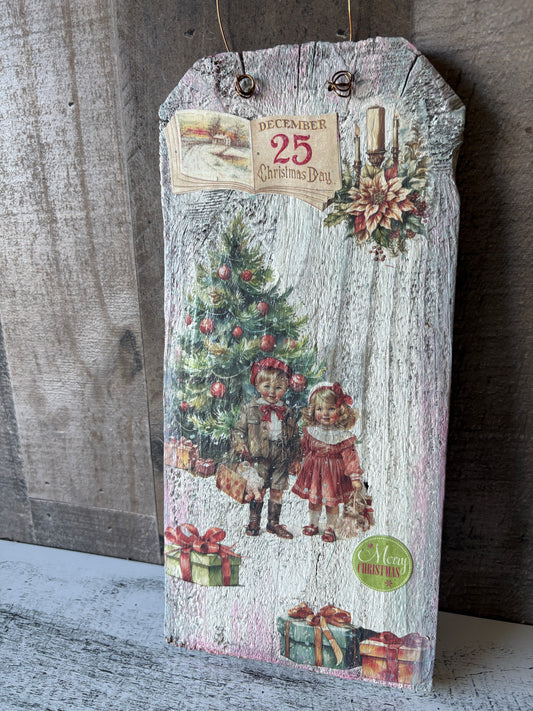 Vintage Christmas Wall Art | Upcycled Wooden Fence Piece with Decoupaged Holiday Scene
