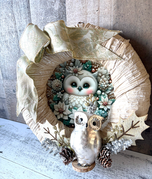 Winter Owl Cottage Wreath | Upcycled Vintage Ornament with Glam & Cottage Chic Style