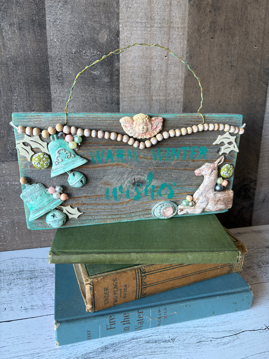 “Warm Winter Wishes” Upcycled Christmas Sign | Mixed Media Holiday Decor with Vintage Beads & Handmade Clay Accents