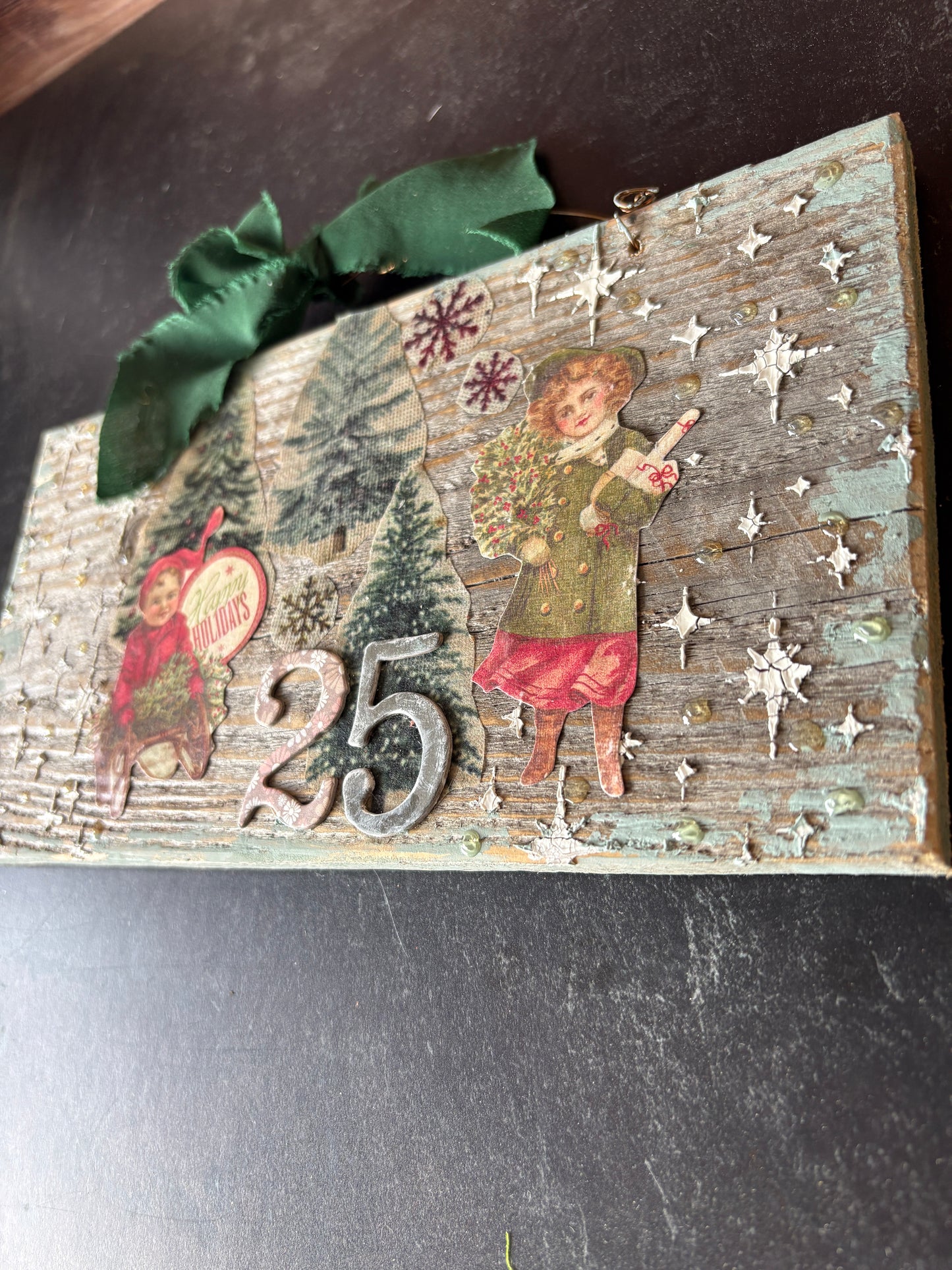 Victorian Winter Children Mixed Media Sign | Upcycled Picket Fence Christmas Decor