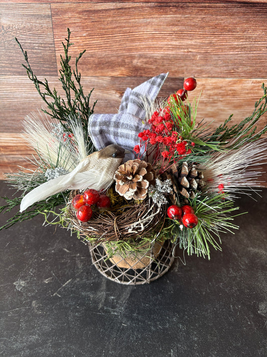 Winter Bird’s Nest Arrangement | Preserved Holiday Greenery & Snow-Kissed Cottage Decor