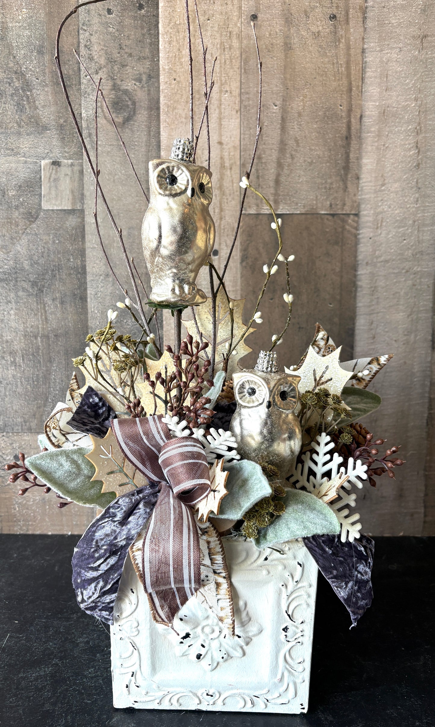 Winter Woodland Owl Arrangement – Metallic Owls, Velvet Ribbon & Holiday Greens