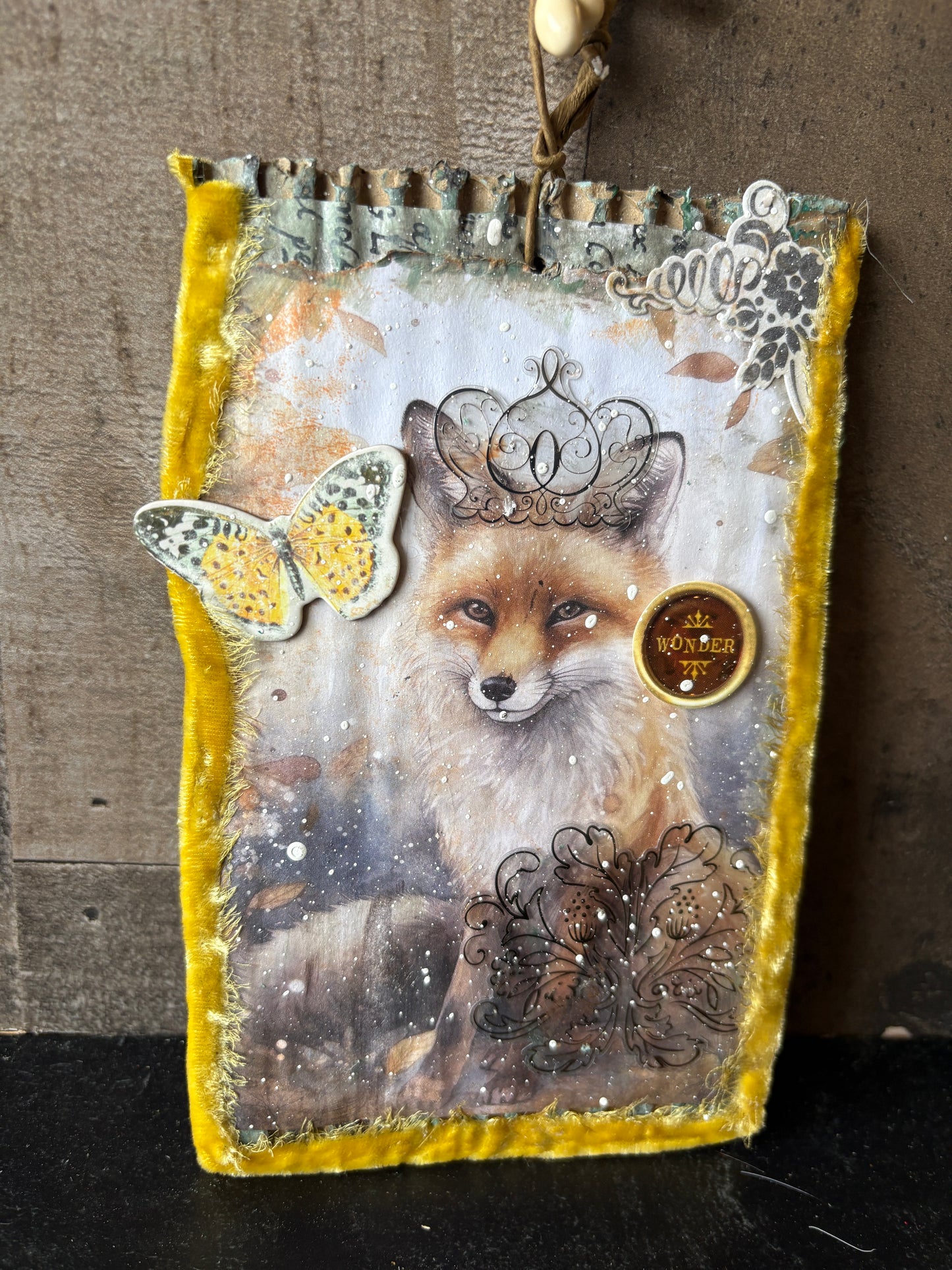 Winter Woodland Fox – Mixed Media Hanging Art with Velvet & Vintage Details