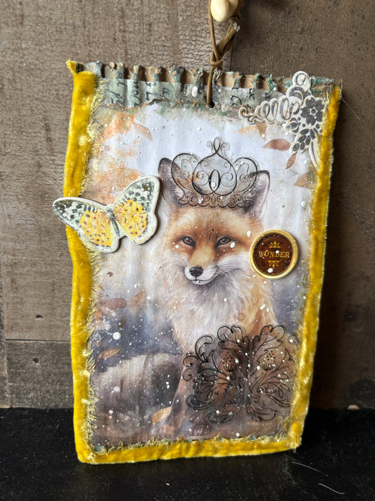 Winter Woodland Fox – Mixed Media Hanging Art with Velvet & Vintage Details