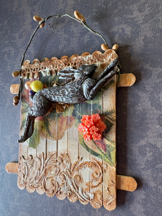 Rabbit Garden Wall Art — Vintage Mixed-Media Botanical Decor