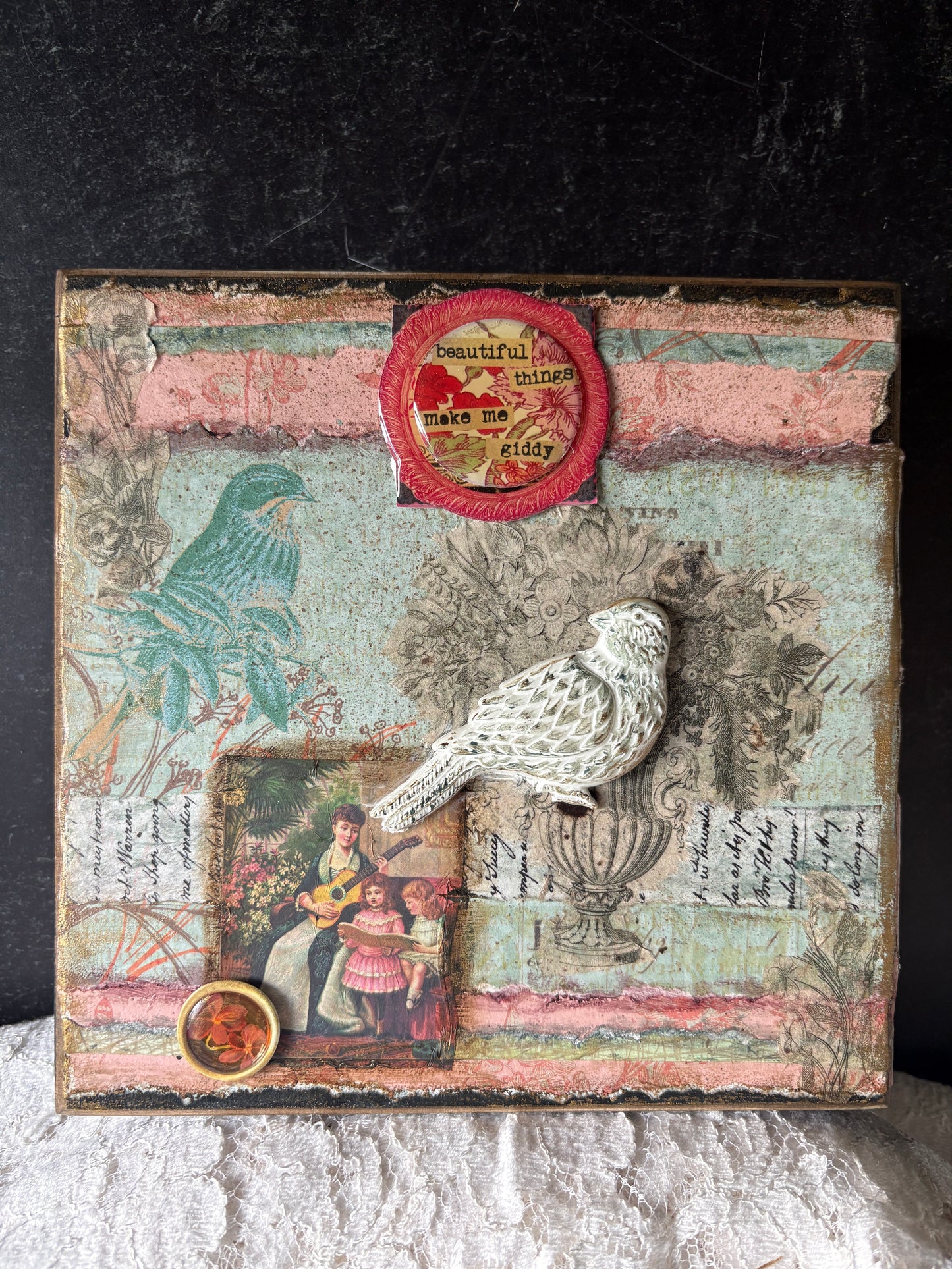 “Beautiful Things Make Me Giddy” – Vintage-Inspired Mixed Media Bird Wall Art
