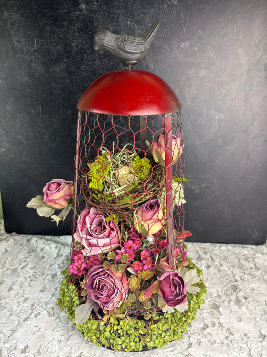 Romantic Garden Cloche Floral Arrangement with Roses, Nest & Bird Topper – Cottage Style Spring Home Decor