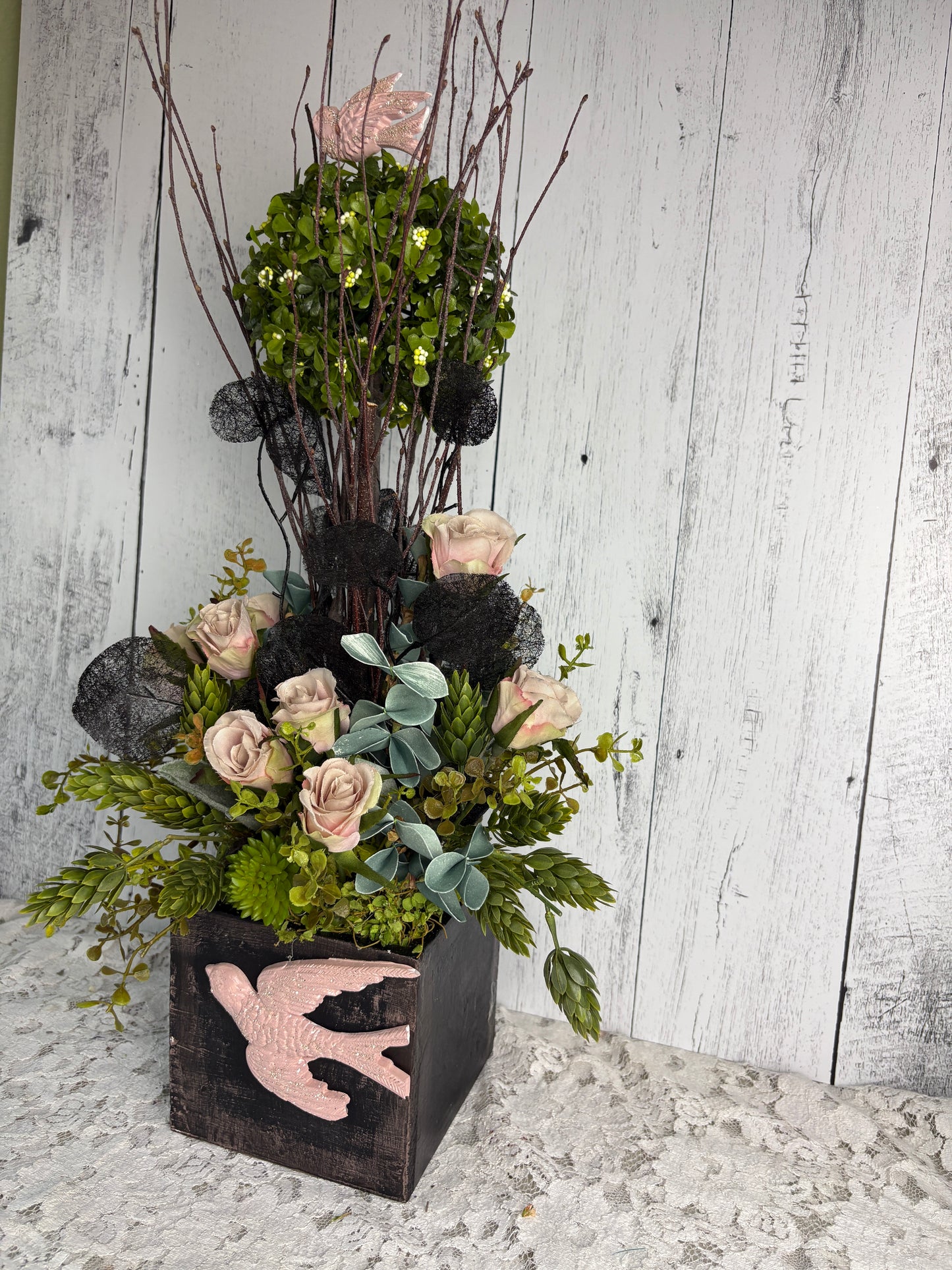 Romantic Bird Topiary – Garden-Inspired Floral Arrangement with Blush Roses & Greenery