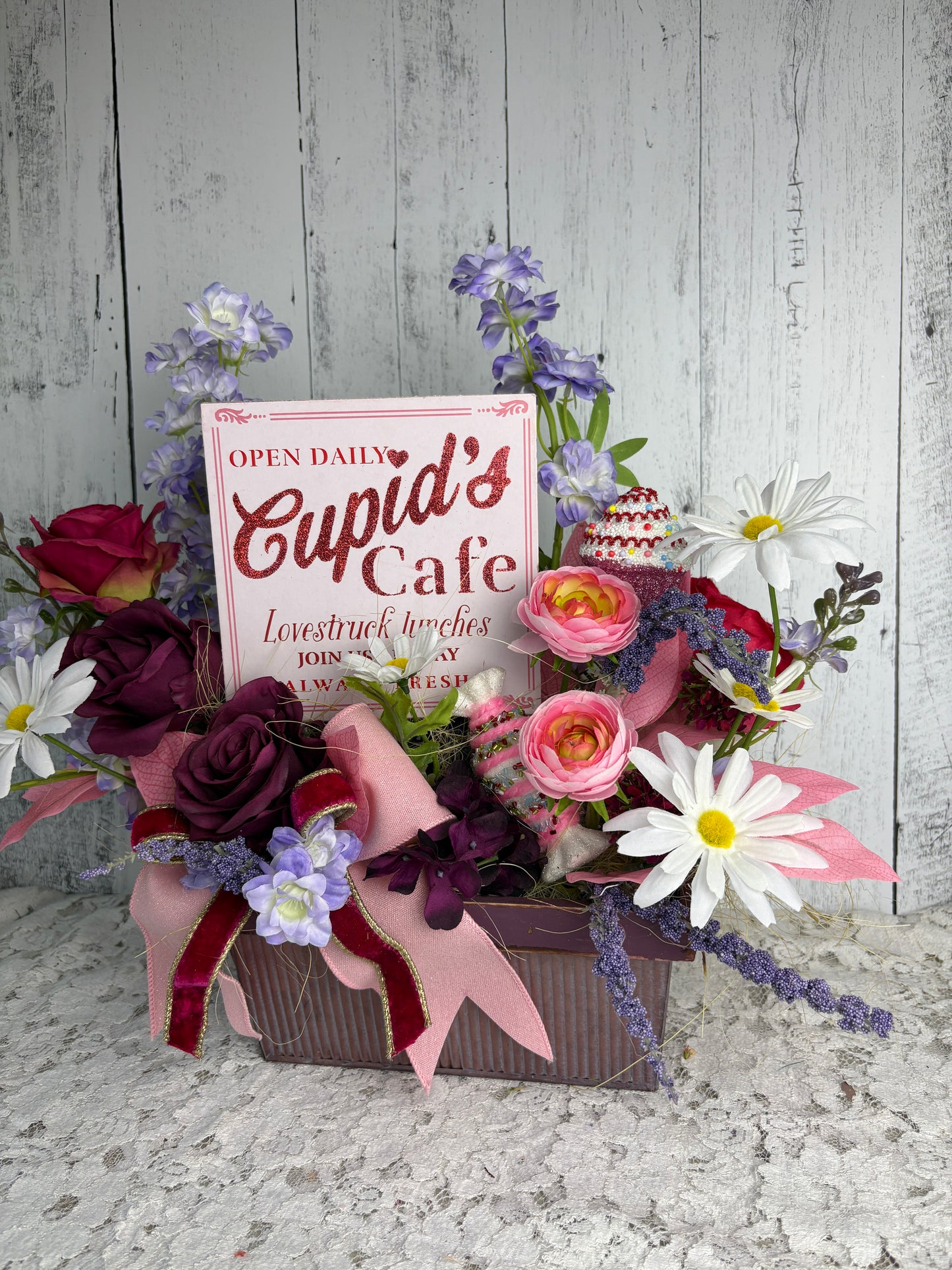 Cupid’s Café – Romantic Spring Floral Arrangement with Vintage-Inspired Sign