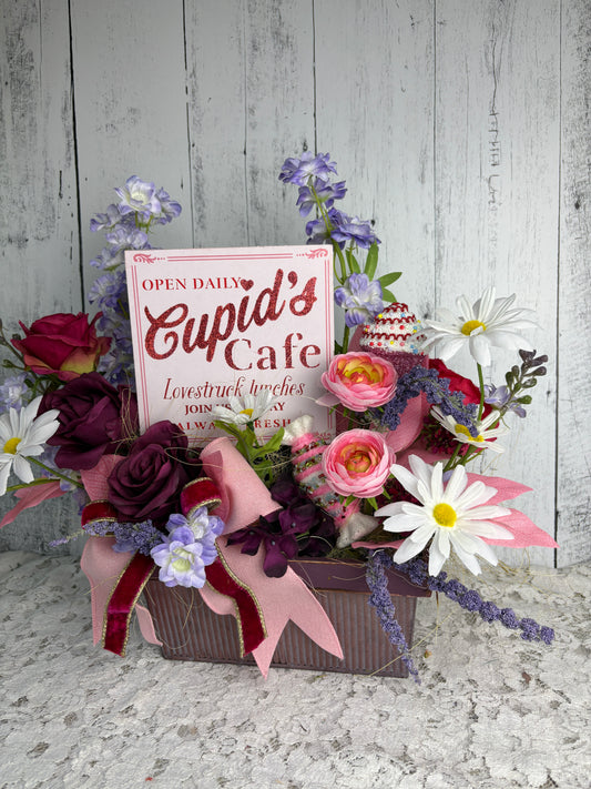 Cupid’s Café – Romantic Spring Floral Arrangement with Vintage-Inspired Sign