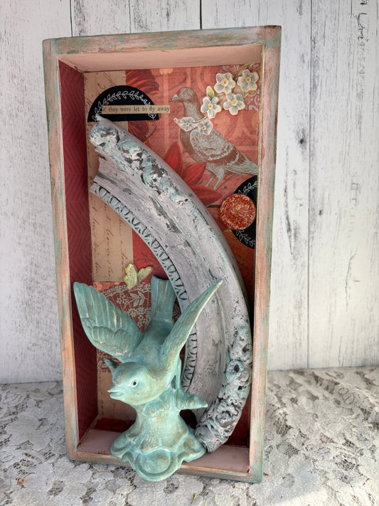 Mixed Media Bird Shadow Box Art- Cottage Style table decor