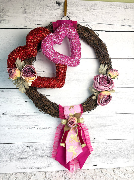 Whimsical Valentine Heart Wreath – Handcrafted Pink & Red Grapevine Door Decor
