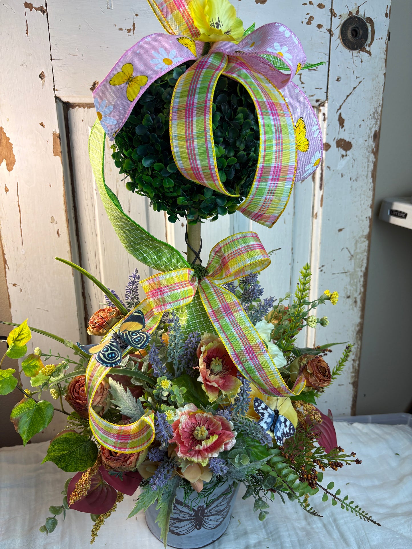 Whimsical Spring Floral Topiary with Butterflies & Ribbon | Garden-Inspired Home Decor