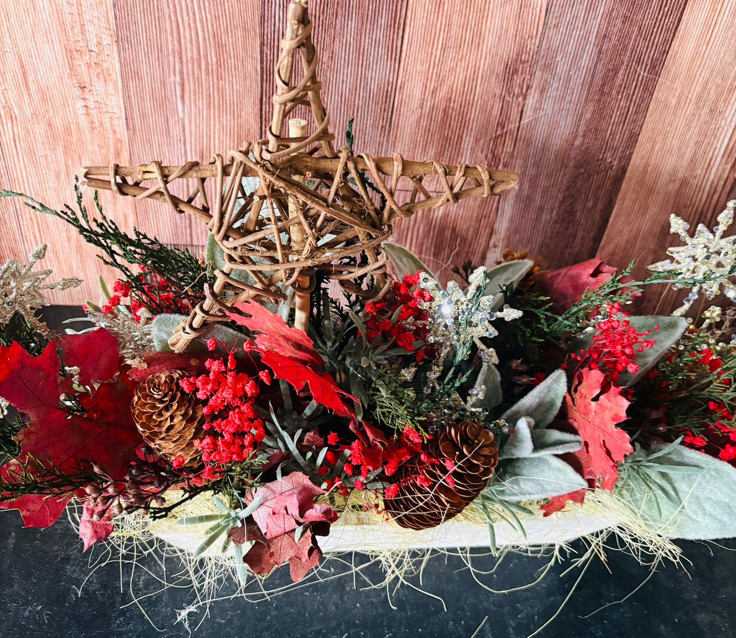 Preserved Woodland Star Holiday Arrangement – Rustic Botanical Christmas Centerpiece with Wood Star