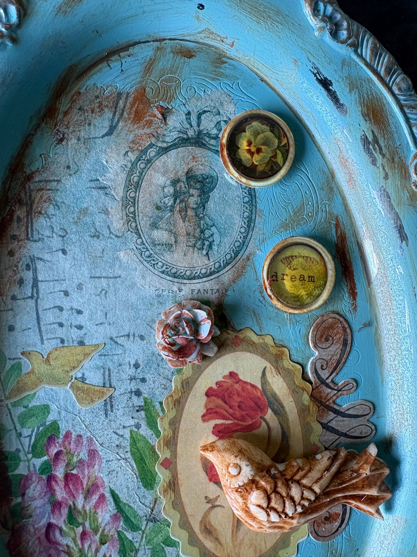 Garden Songbird Tray — Upcycled  Mixed-Media Decorative Art