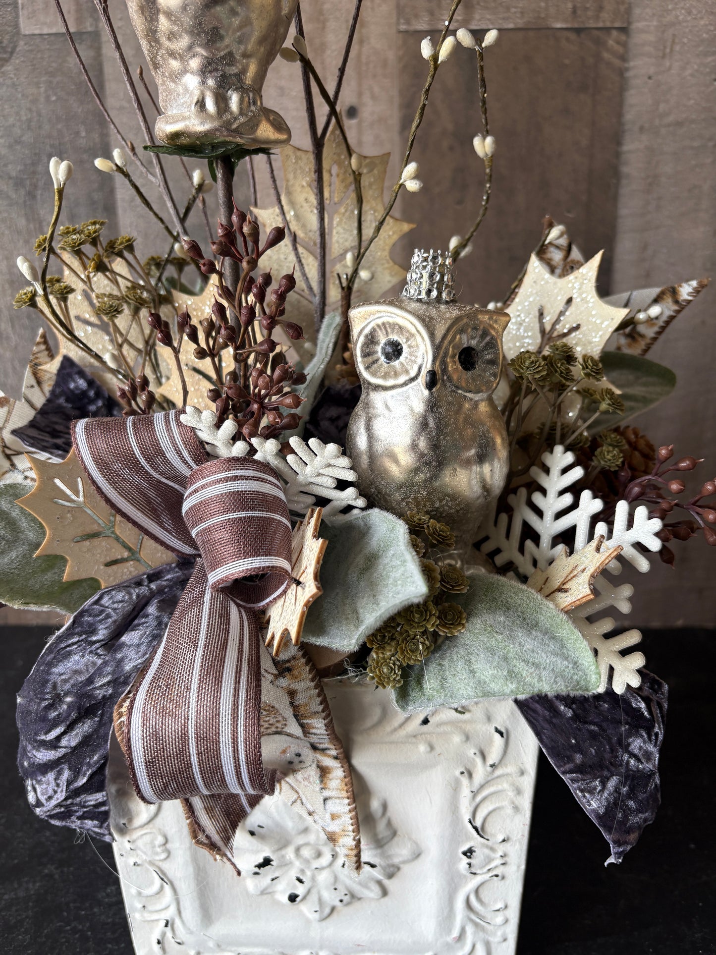 Winter Woodland Owl Arrangement – Metallic Owls, Velvet Ribbon & Holiday Greens