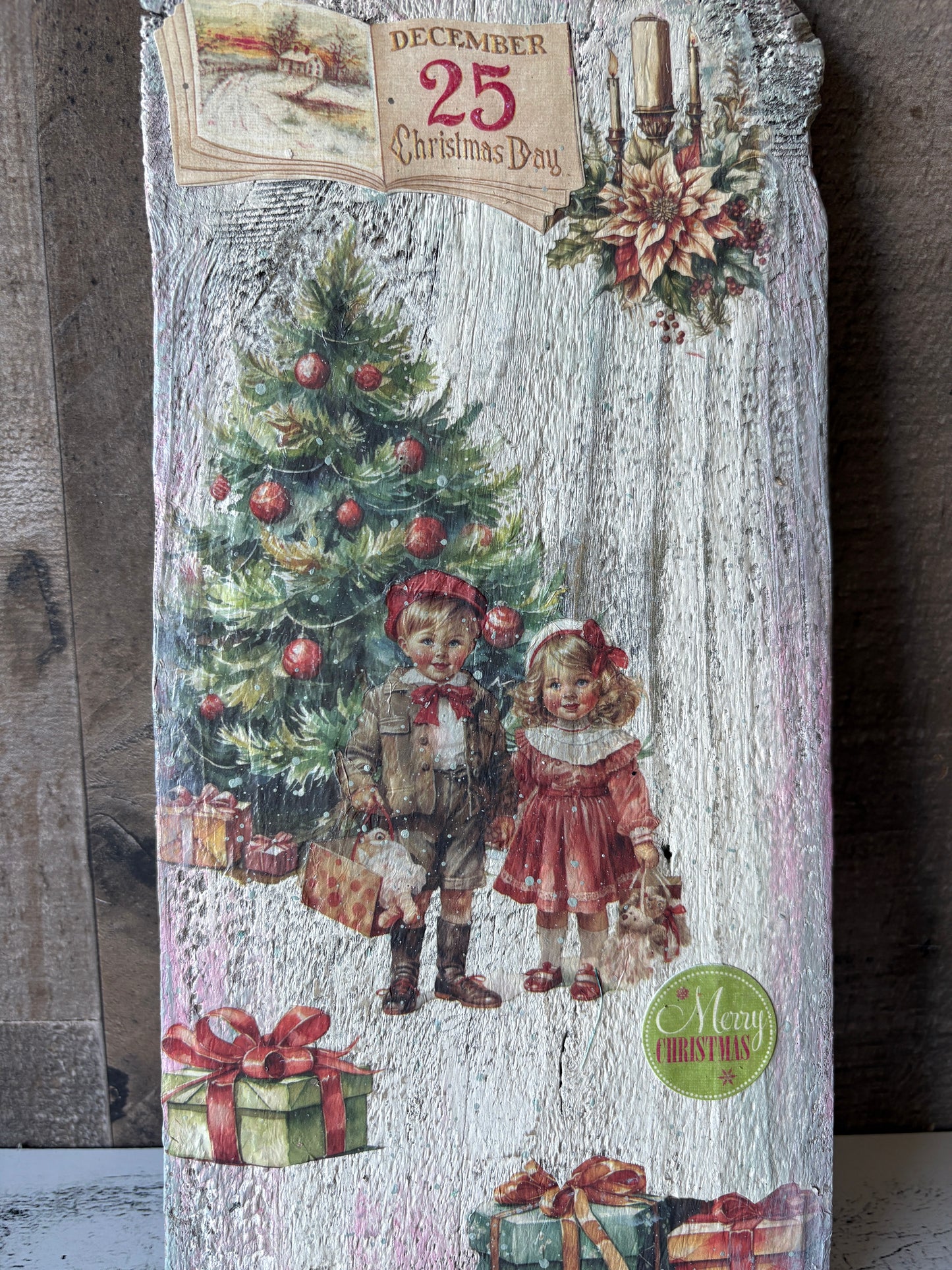 Vintage Christmas Wall Art | Upcycled Wooden Fence Piece with Decoupaged Holiday Scene
