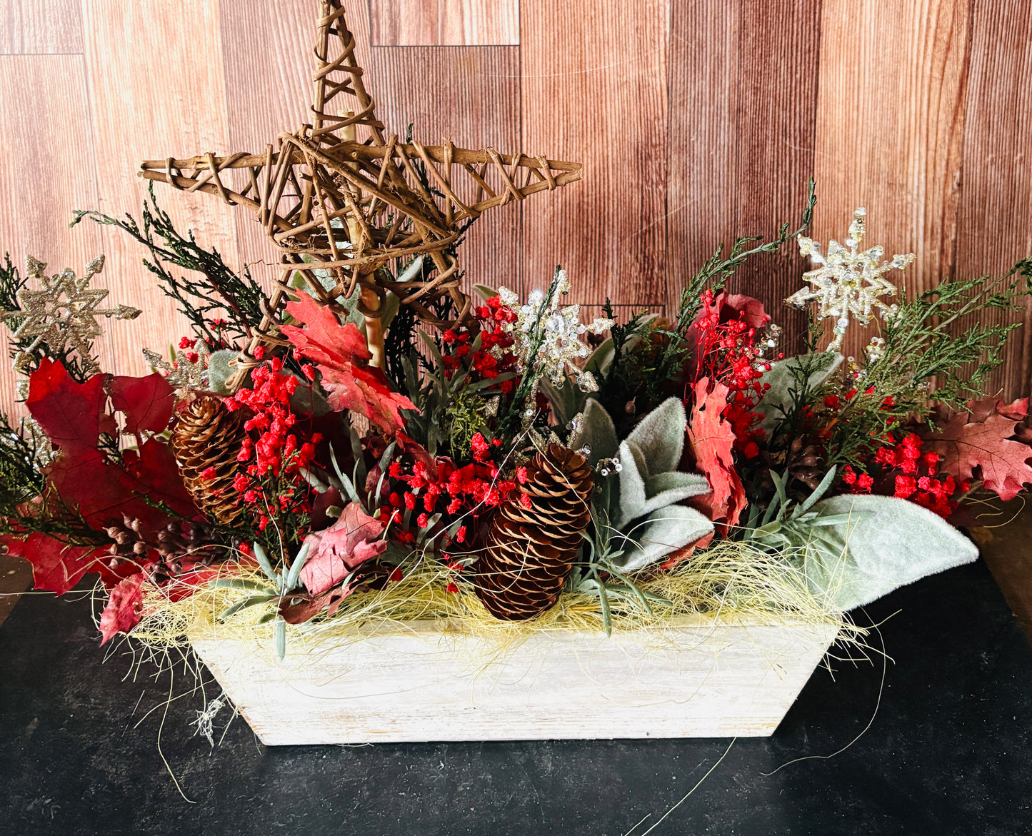 Preserved Woodland Star Holiday Arrangement – Rustic Botanical Christmas Centerpiece with Wood Star
