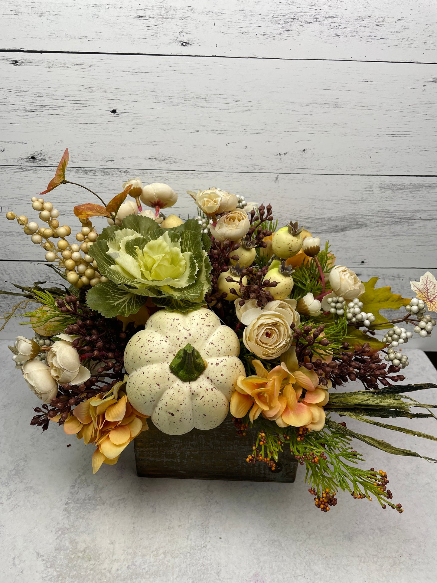 Neutral fall floral centerpiece, pumpkin and florals for autumn